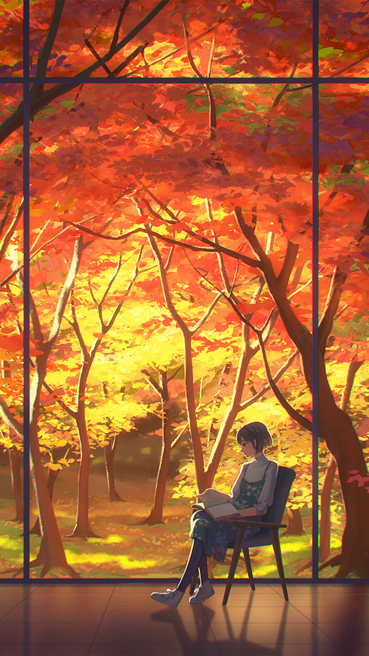 Download wallpaper 1366x768 anime boy, autumn, tree, artwork, tablet,  laptop, 1366x768 hd background, 18161