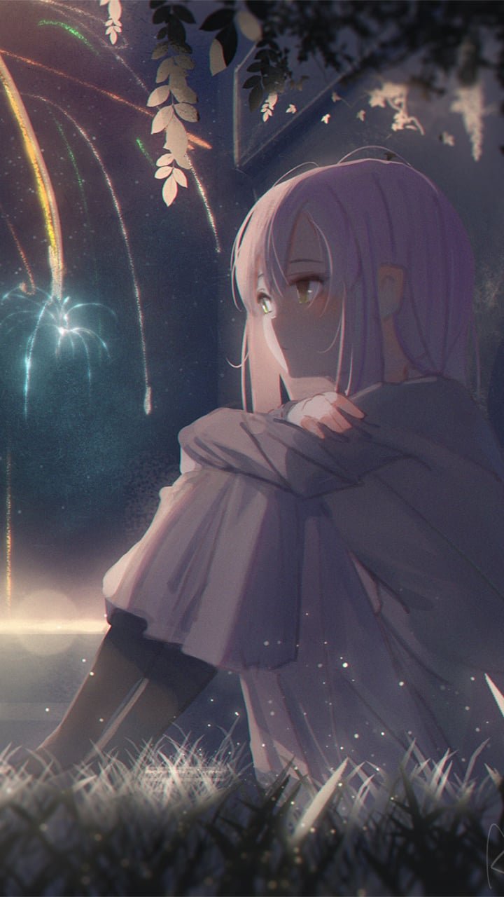 Sad anime girl in the field 4K wallpaper download