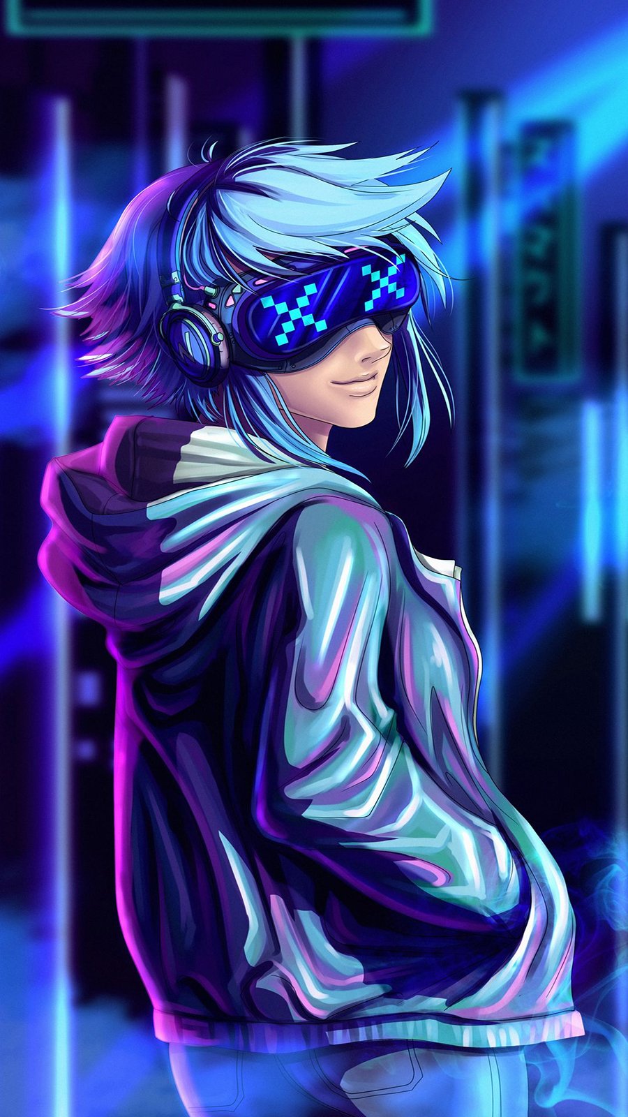 Beautiful cute anime young girl in neon blue colors, smoking on the  background of the night city. Generative AI Stock Illustration | Adobe Stock