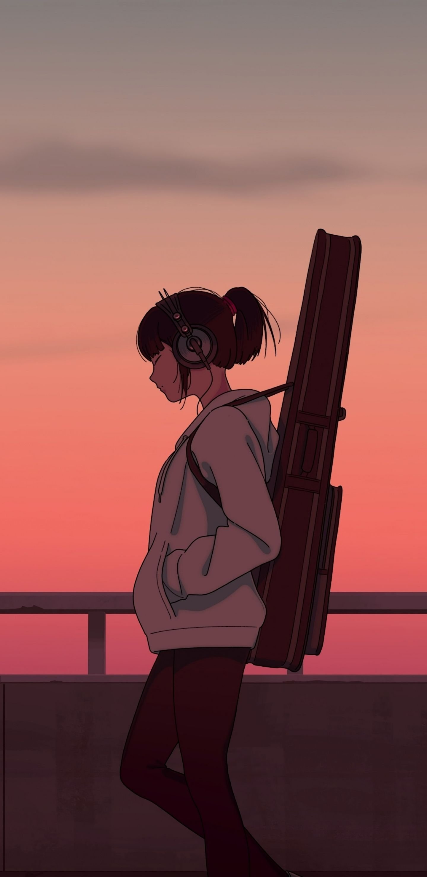 Download Sunset Anime Girl Aesthetic With Guitar Wallpaper | Wallpapers.com
