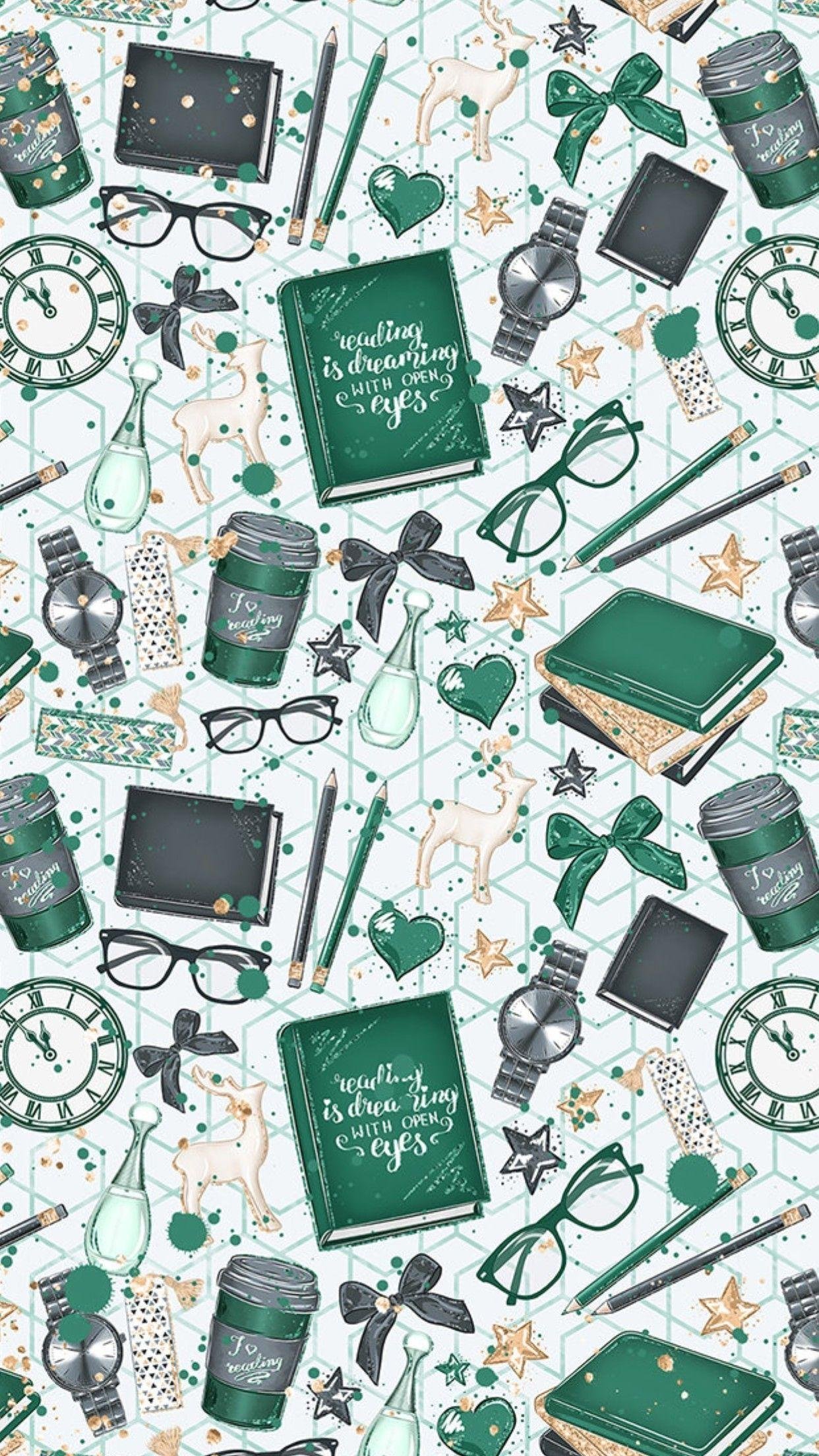 Cute Green Books Aesthetic Wallpaper Download | MobCup