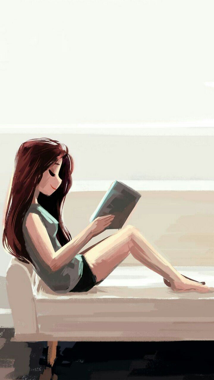 Books and Art: Anime girl with nerdy glasses reading. “Reading,...